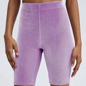 Fabletics High Waisted Velour Bike Shorts 9” in light lavender